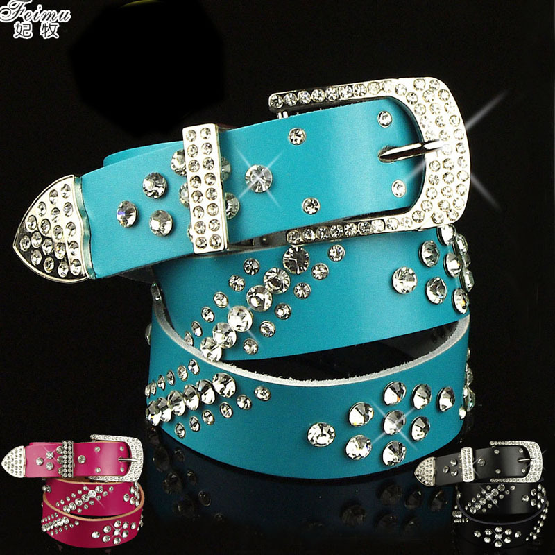women's genuine leather pin buckle strap with diamond belt Women diamond decoration cowhide fashion decoration