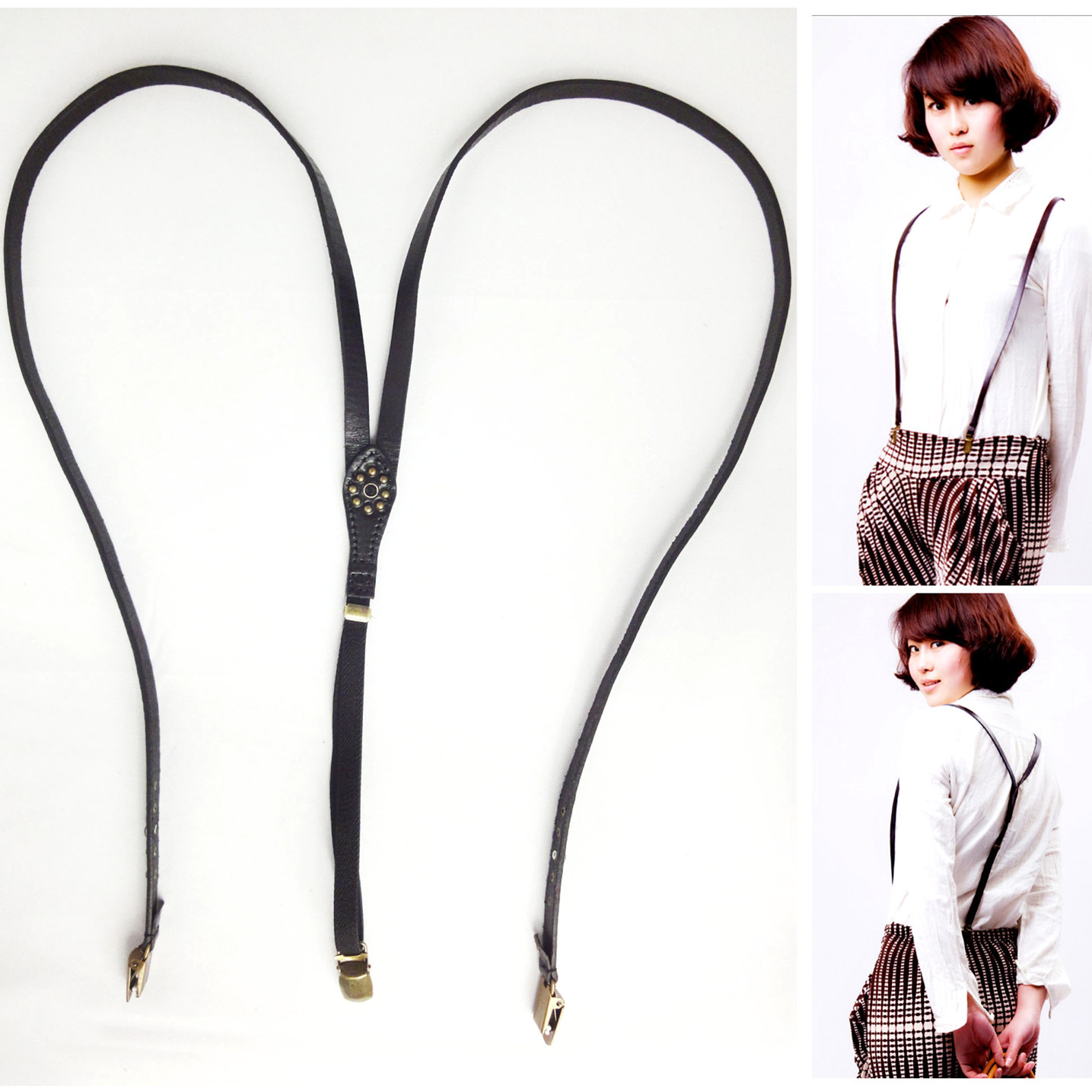 Women's genuine leather rhinestone fine cowhide all-match elastic suspenders fashion accessories