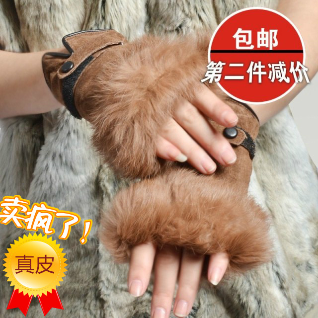 Women's genuine leather suede semi-finger fingerless rabbit fur gloves winter computer chromophous gloves