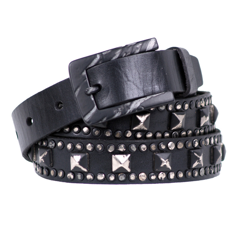 Women's genuine leather thin belt fashion vintage rivet retro finishing decoration genuine leather strap black