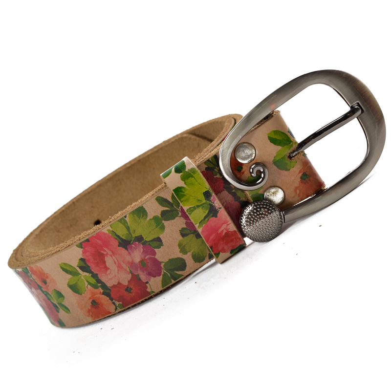 Women's   Genuine Leather Wide Belt Print Rose Belt Fashion Vintage Personality