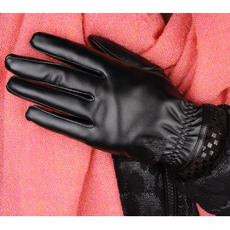 Women's gloves black fashionable casual plus velvet thermal leather gloves
