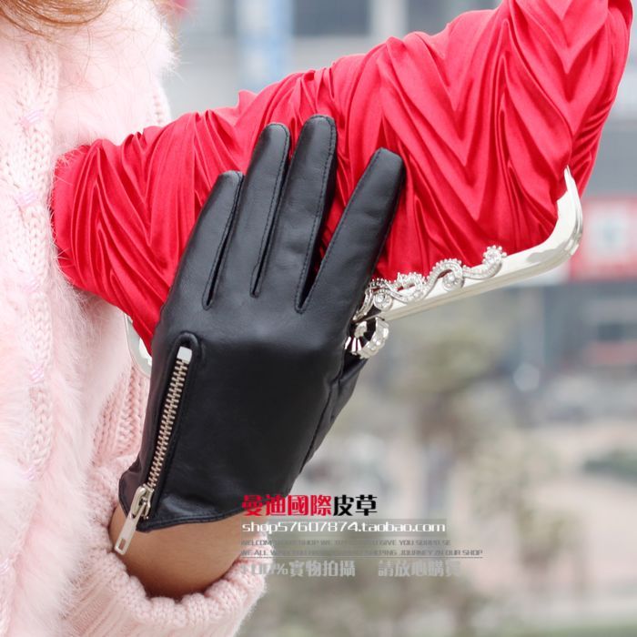 Women's gloves fashion oblique zipper women's short design sheepskin genuine leather gloves autumn and winter thermal