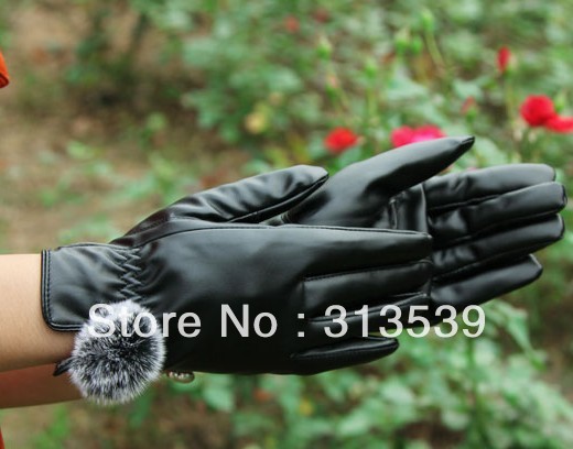 Women's gloves PU gloves leather gloves rex rabbit hair ball autumn and winter thermal 5 double