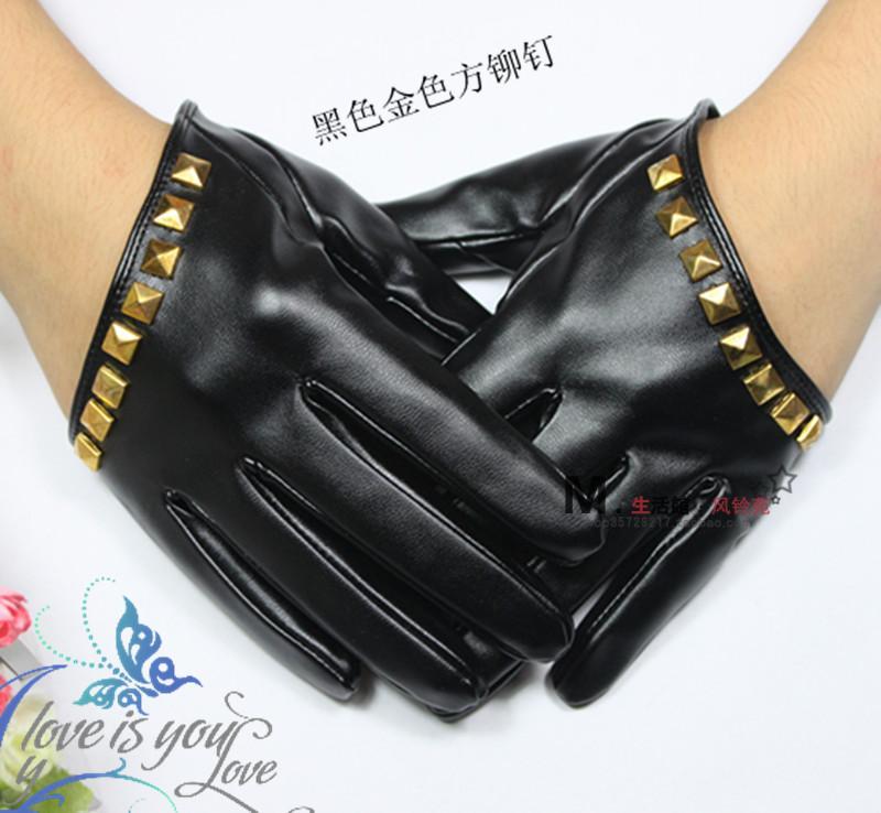 Women's gold silver rivet faux leather gloves hip-hop PU gloves personalized leather gloves