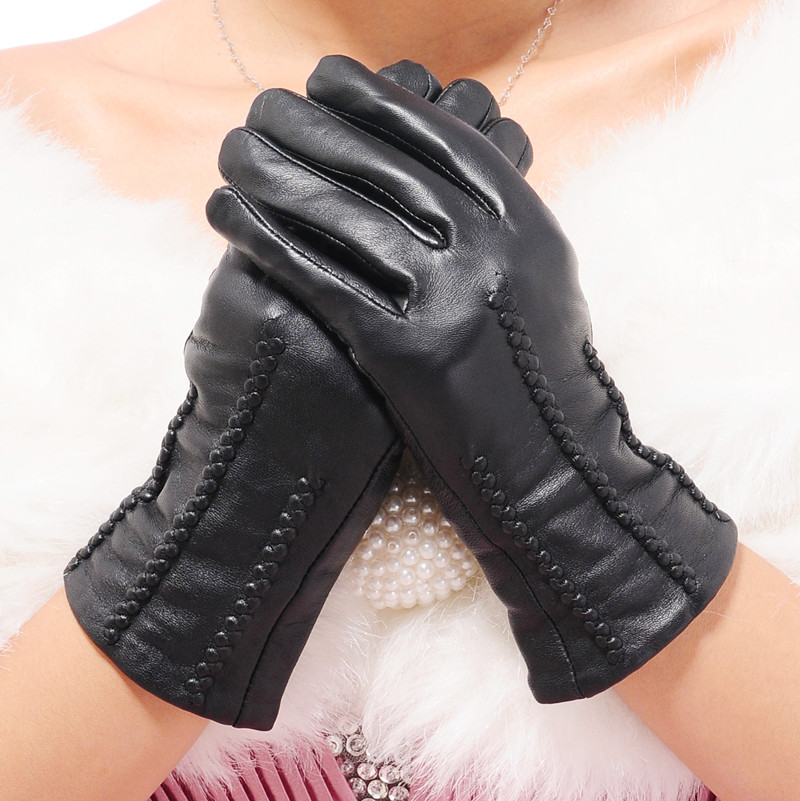 Women's grape leather gloves female genuine leather thermal sheepskin gloves sheepskin black genuine leather gloves