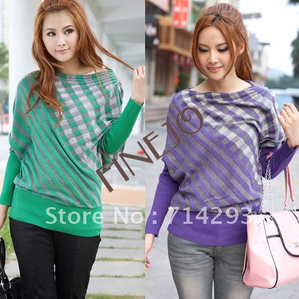 Women's Grid Stripe Batwing Sleeve Loose Knitted Sweater Knitwear Tops Front/Back Reversible Free shipping 7819