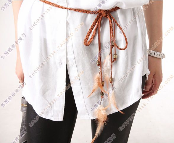 Women's handmade feather decoration thin belt strap belly chain brown leather tassel brown black