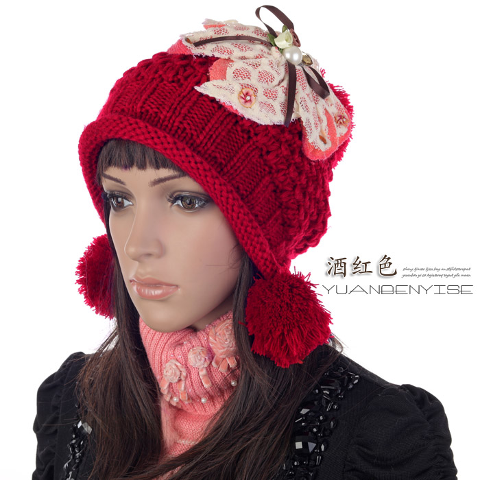 Women's hat big flower pearl handmade knitted hat wool ball thermal knitted hat