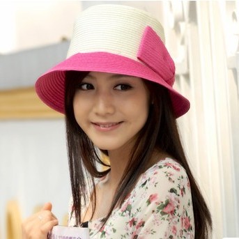 Women's hat simple color block decoration bow strawhat bucket hats short brim dome small fedoras summer travel cap
