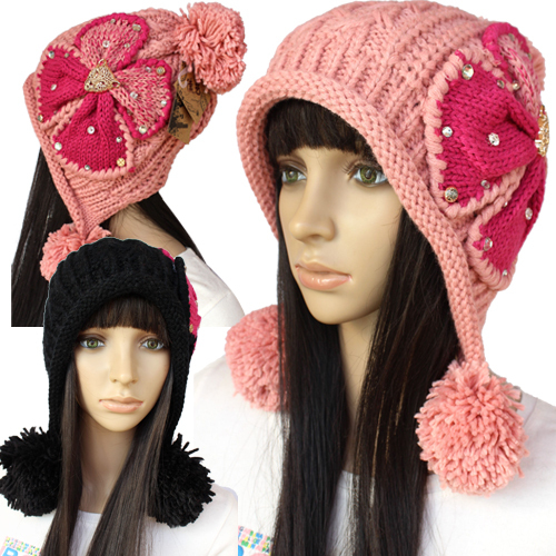 Women's hat sphere multi color cord bag flower beautiful winter thermal yarn knitted hat fashion