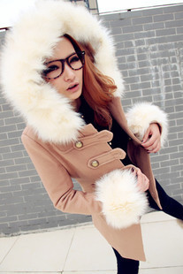 Women's hooded large fur collar double breasted wool coat woolen outerwear trench