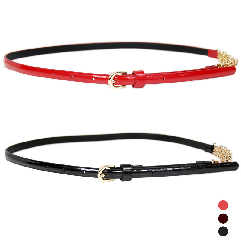 Women's japanned leather cowhide strap candy color fashion metal chain decoration genuine leather belt tieclasps