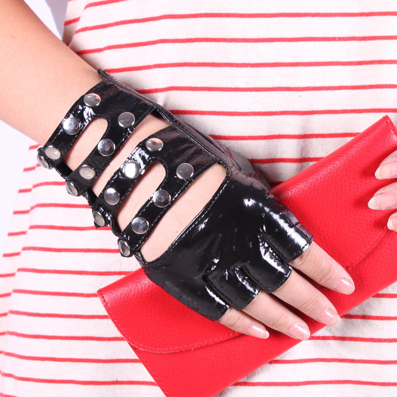 Women's japanned leather semi-finger gloves genuine leather gloves sheepskin gloves repair personalized leather gloves