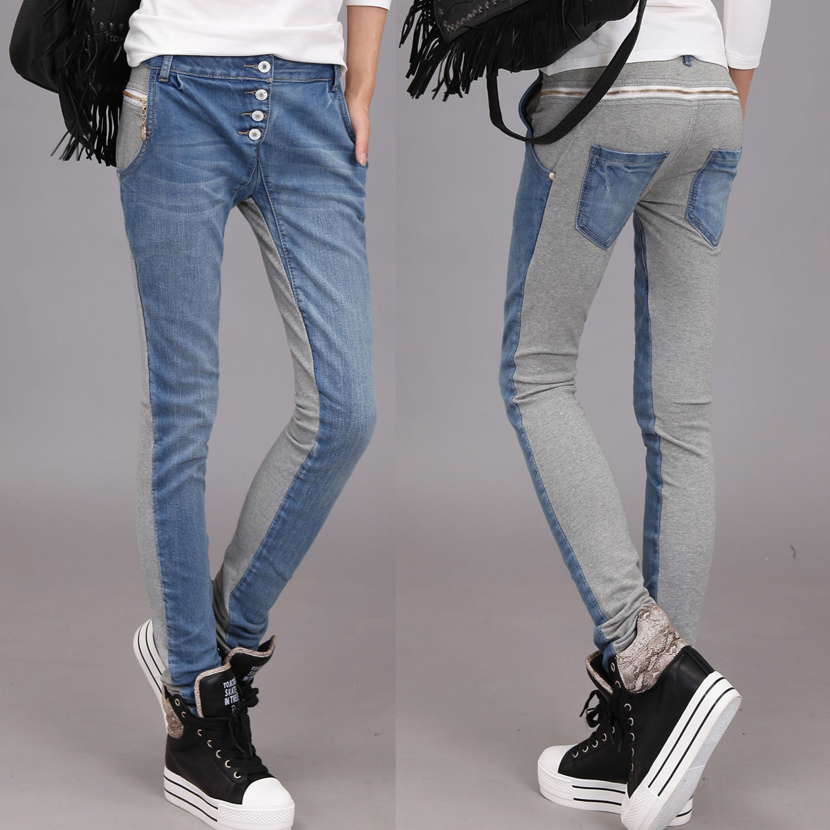 Women's jeans autumn color block decoration slim skinny pants pencil pants ab buttons long trousers