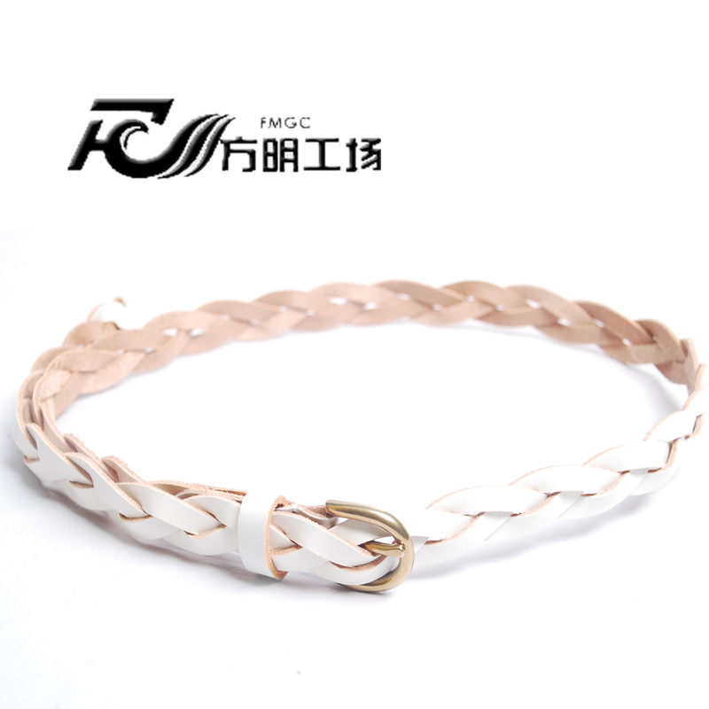 Women's kindredship leather knitted belt all-match vintage genuine leather waist belt cutout white accessories