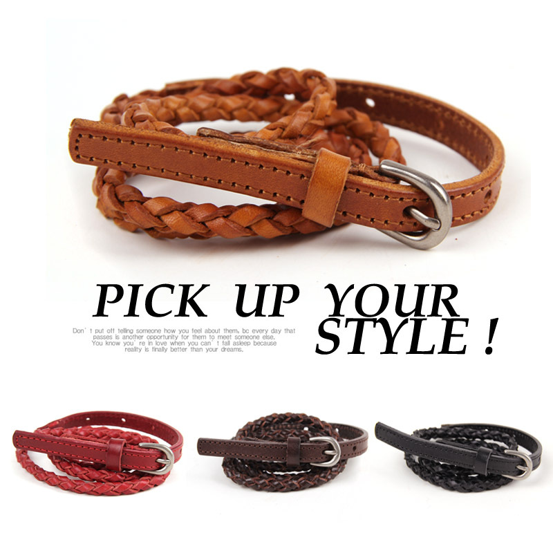 Women's knitted solid color genuine cowhide leather pin buckle belt