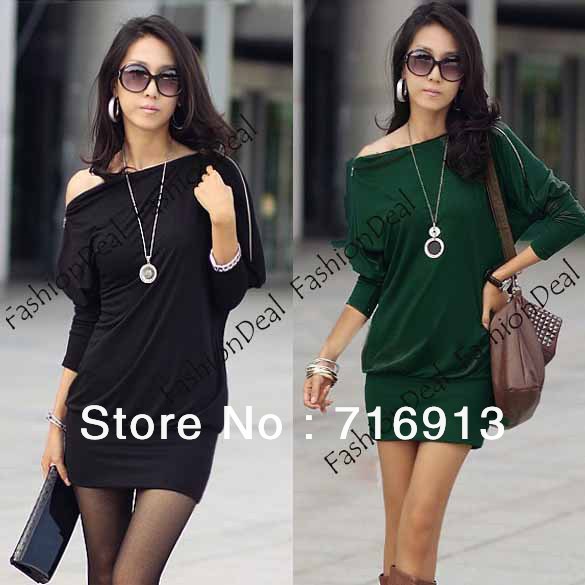 Women's Korea Batwing Off-Shoulder Tops Zip Shirt Mini Dress 2 Colors free shipping 3492