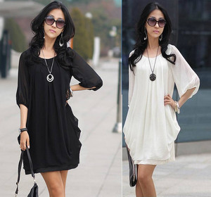 Women's Korea Trendy Chiffon Party Club Boho Casual Crew Neck Mini Dress 6 Sizes