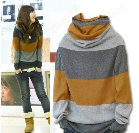Women's Korean Fashion Striped Stand-up Collar Long Sleeve Loose Sweater