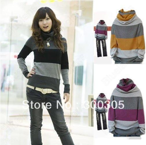 Women's Korean Fashion Striped Stand-up Collar Long Sleeve Loose Sweater Free Shipping
