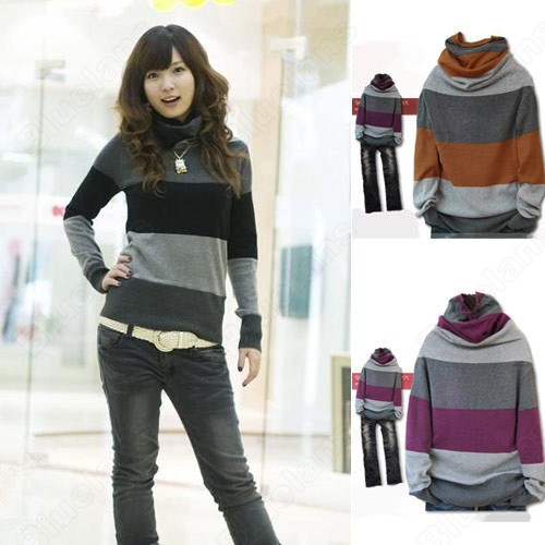 Women's Korean Fashion Striped Stand-up Collar Long Sleeve Loose Sweater Free Shipping