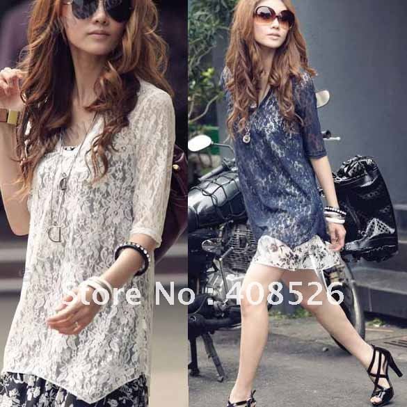 Women's Korean Fashion Two-Piece Chiffon Lace Dress Asymmetric Casual mini free shipping 3735#