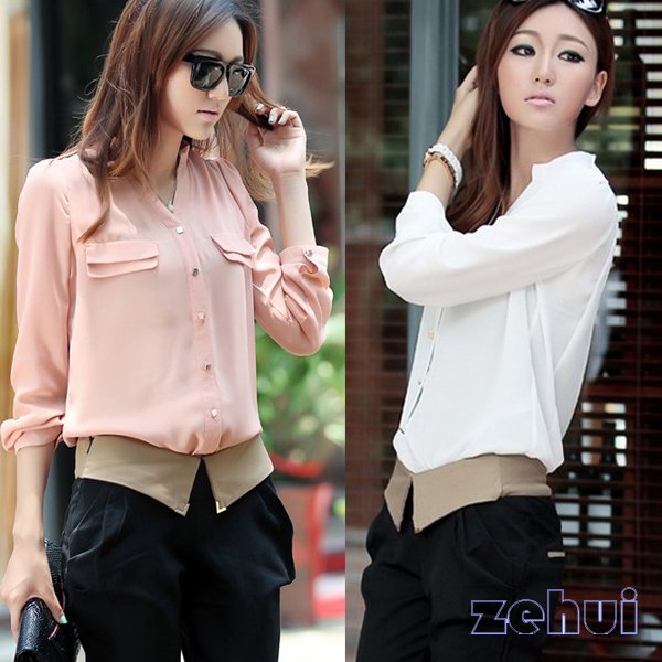 Women's Korean Lady OL Long Sleeve Slim Chiffon Career Shirt Button Blouse HR358