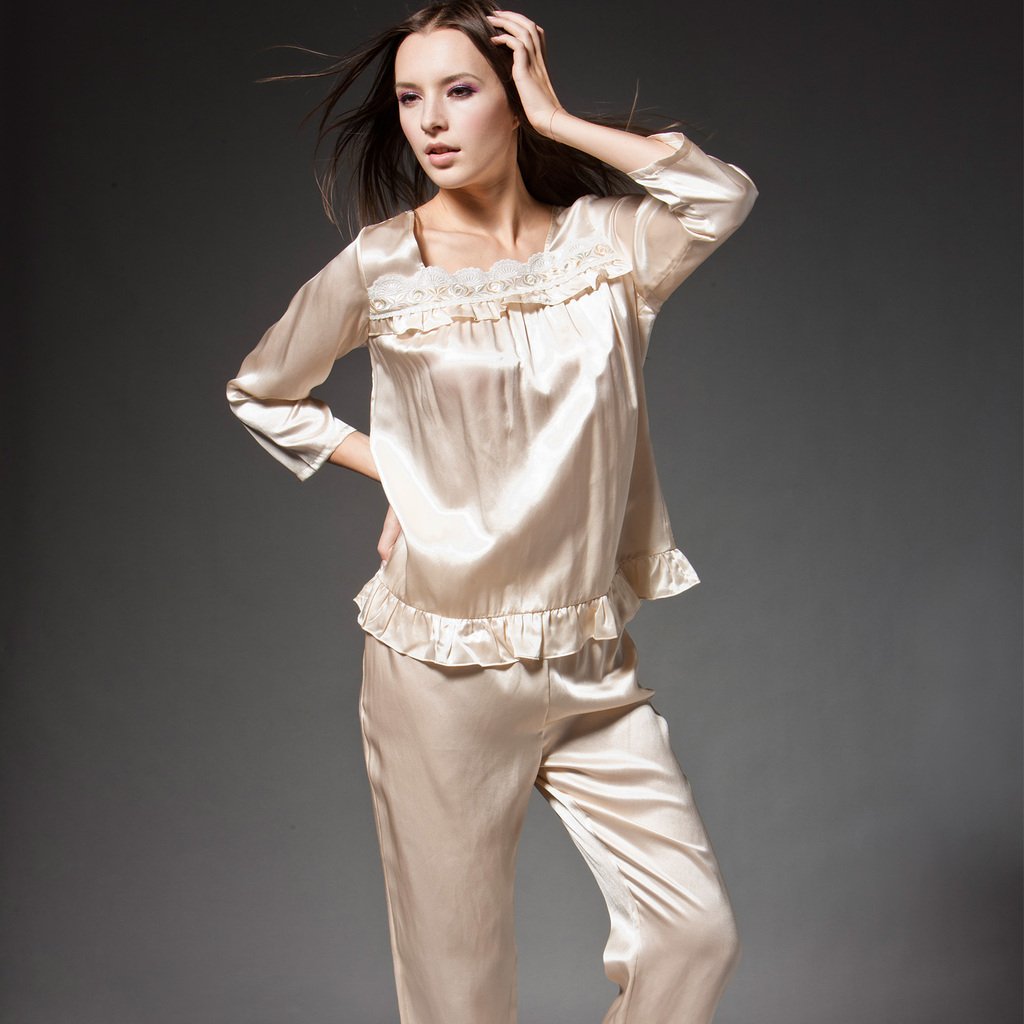 Women's lace decoration silk up and down suit set sleepwear lounge hct 9003