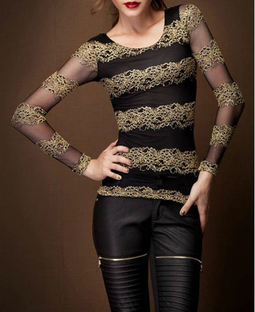 Women's Lace Mesh Striped Slim Long Sleeve T-shirt Women Top 3784