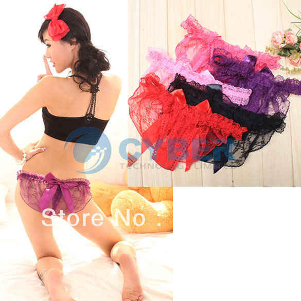 Women's Ladies Sexy Bowknot Lace Thongs G-string V-string Panties Knickers Underwear 5 Color Free Shipping 9048