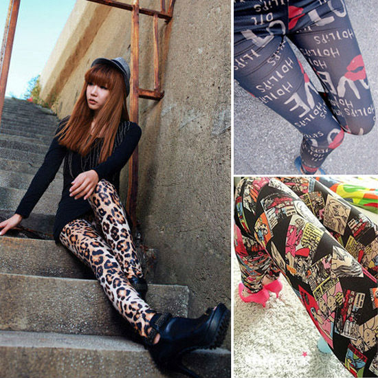 Women's Ladies Sexy Faux Leather Leopard Cartoon Print Bloom Boomboom Leggings Pants Treggings Tights Size S Free Shipping 0221