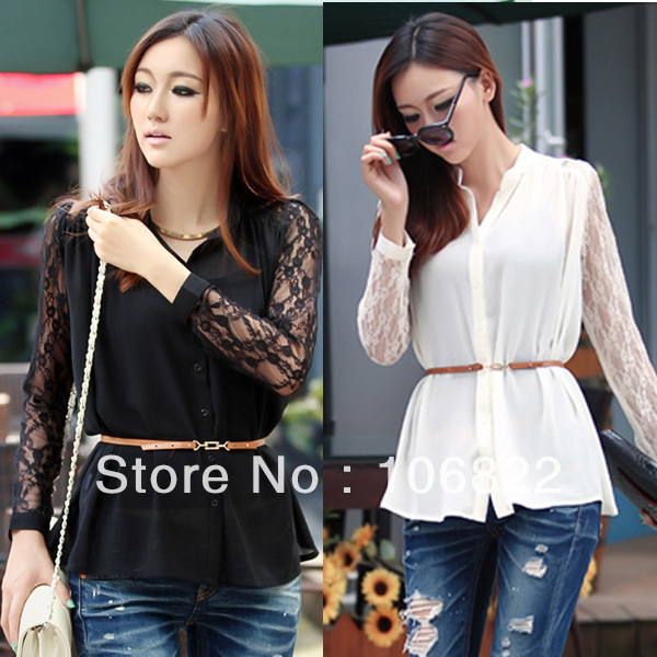 Women's Lady's OL Blouse Lace Long Sleeve Collarless Button Blouse With Belt HR437