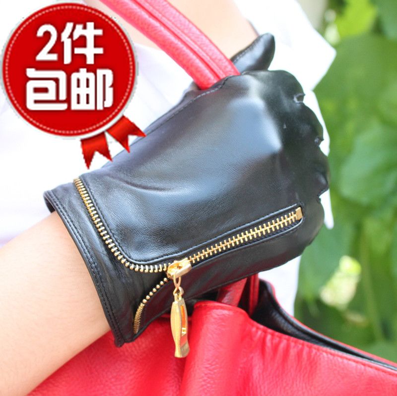 Women's lambdoid zipper genuine leather gloves female thermal sheepskin gloves genuine leather sheepskin black leather gloves