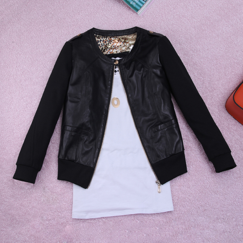 Women's leather clothing o-neck casual genuine leather patchwork coat zipper leather jacket winter and winter piyi