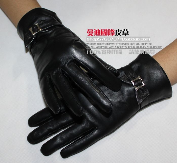 Women's leather gloves fashion bow drill women's genuine leather sheepskin gloves winter