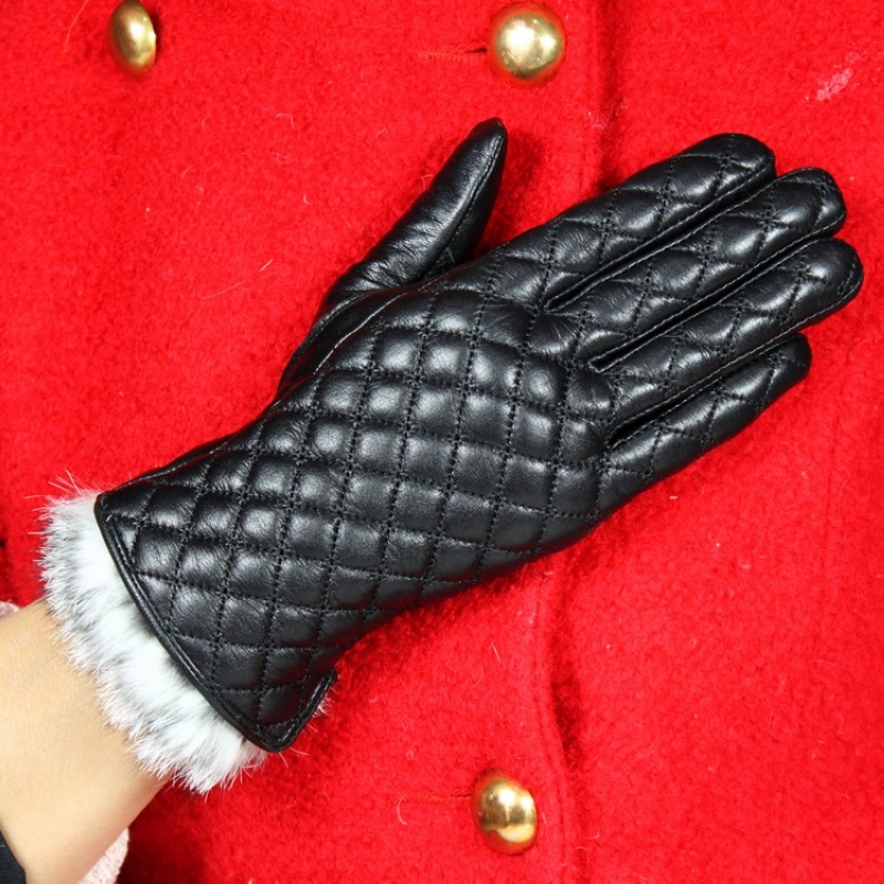 Women's leather gloves female winter genuine leather gloves oversleeps sheepskin rabbit fur gloves
