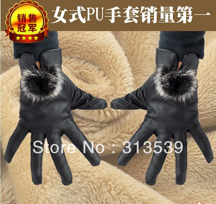 Women's leather gloves fox fur women's thermal PU gloves winter gift