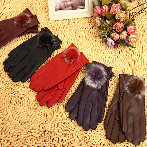 Women's leather gloves rabbit fur ball PU repair thermal fleece lined winter windproof rainproof gloves plush