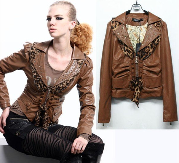 Women's Leather Jackets High quality Rhinestone coat outerwear 1202060 Special offer Free Shipping