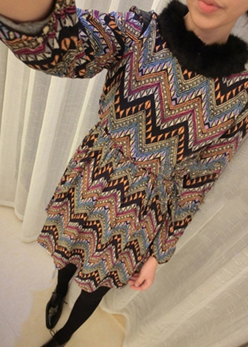 Women's leather patchwork vintage baroque geometric patterns wave graphic rabbit fur long-sleeve slim waist chiffon one-piece