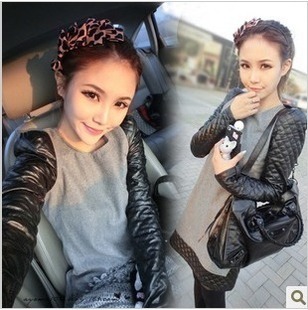 Women's leather patchwork woolen one-piece dress