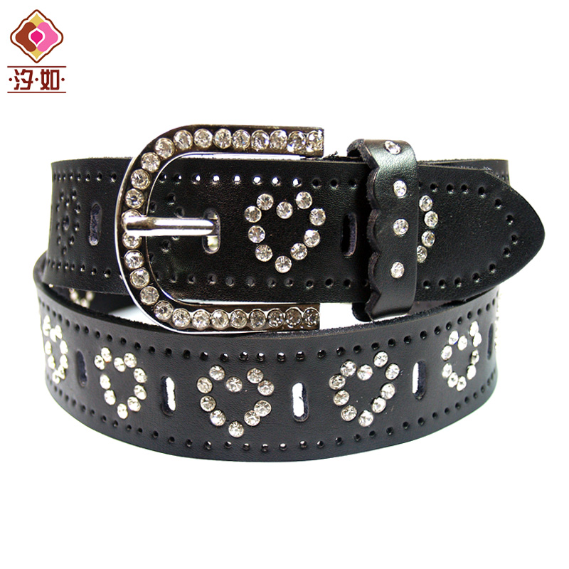 Women's leather strap fashion flower cutout heart rhinestone waist of trousers belt black