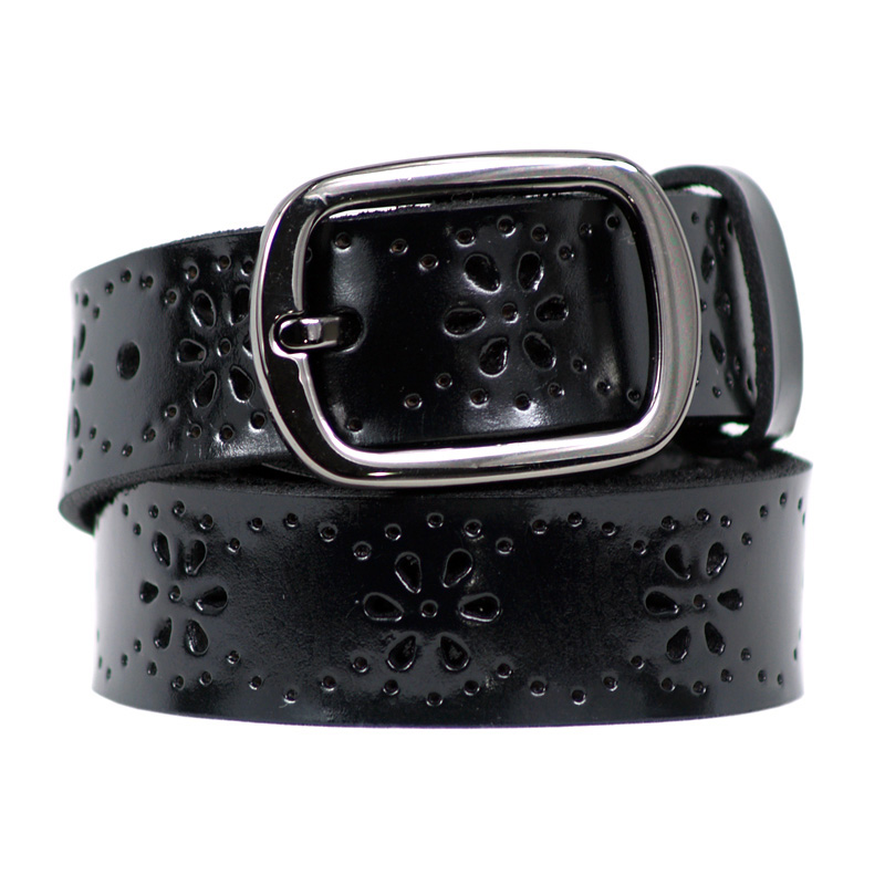 Women's leather strap fashion genuine leather vintage cutout flower casual pants belt black