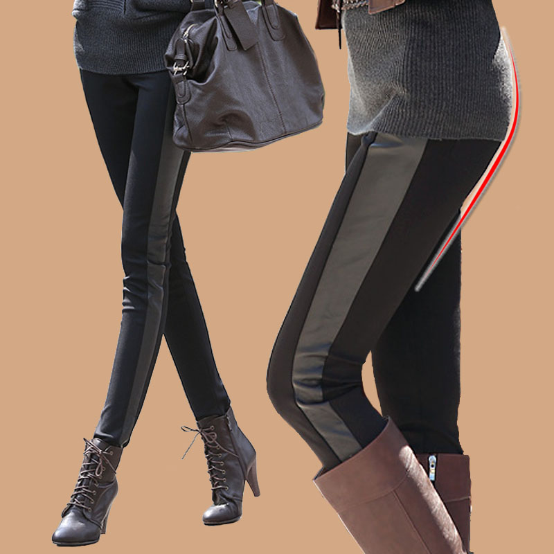 Women's legging autumn and winter thickening plus velvet faux leather patchwork PU plus size trousers