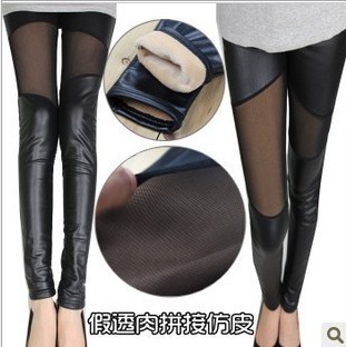 Women's legging meat gauze matt faux leather patchwork plus velvet thickening legging plus size 2