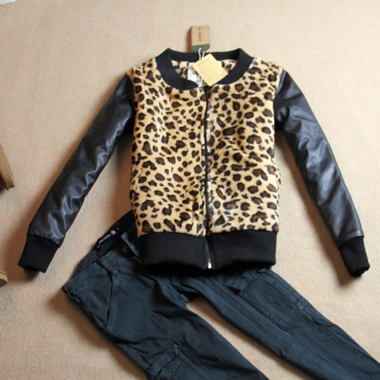 Women's leopard print coral fleece PU patchwork women's outerwear leather clothing jacket