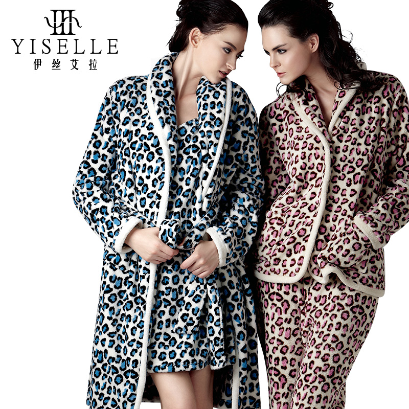 Women's leopard print thickening coral fleece sleepwear thermal lounge casual female robe 6324