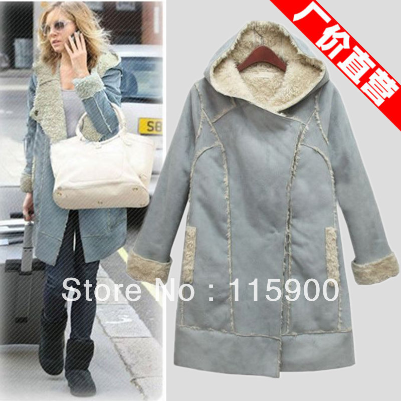 women's light blue and coffee medium-long thick deerskin and cashmere trench