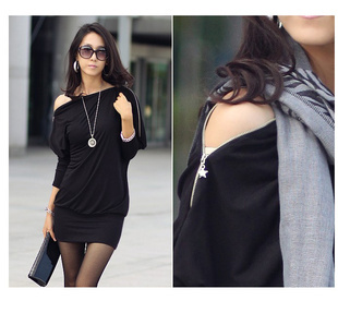Women's Long BATWING Sleeve Off-Shoulder Tops Slim Fit Dress Shirt Zipper collar E0190 FREE SHIPING DROP SHIP